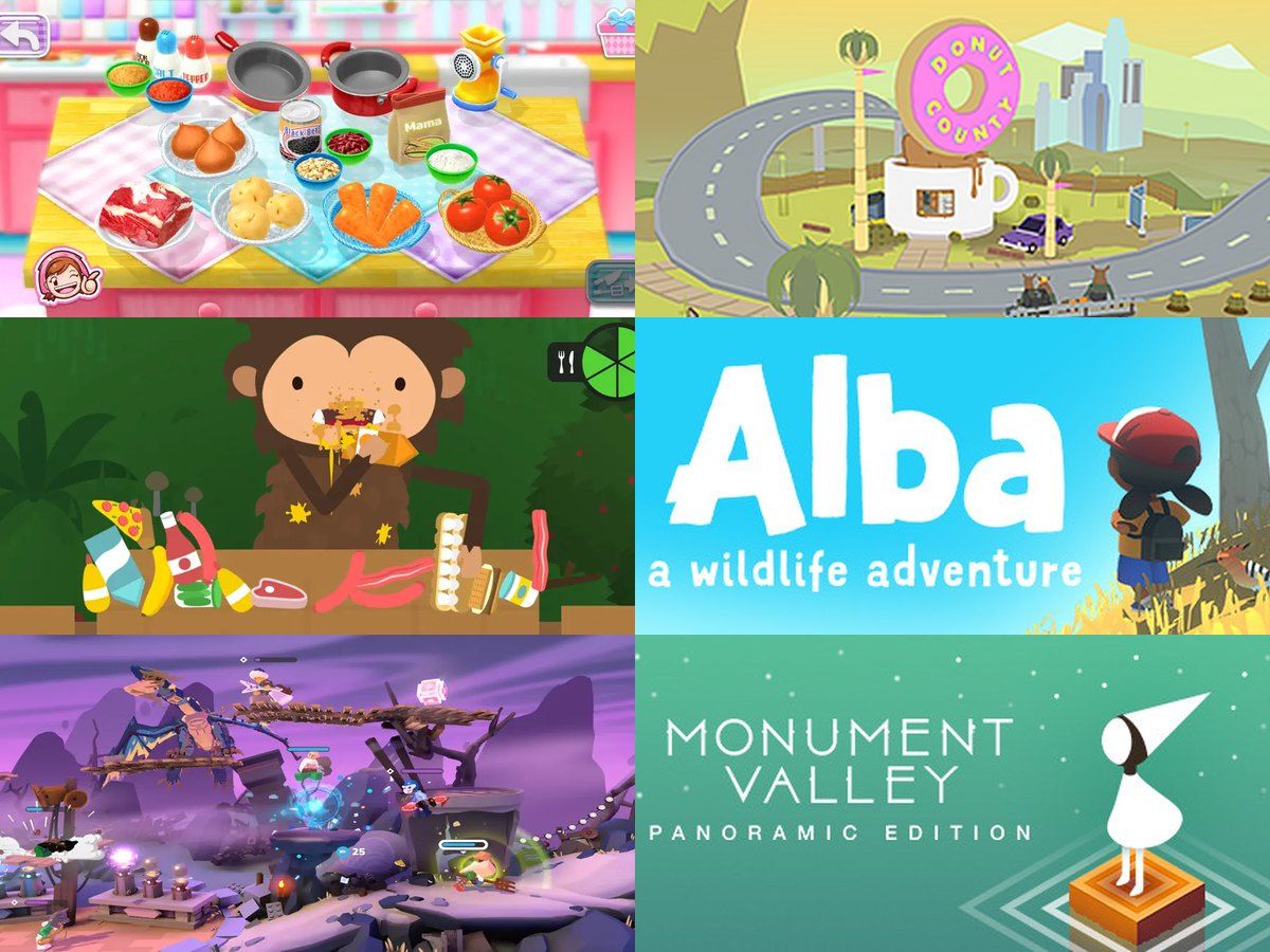 A grid of screenshots from Cooking Mama, Donut County, Sneaky Sasquatch, Alba, LEGO Brawls, and Monument Valley