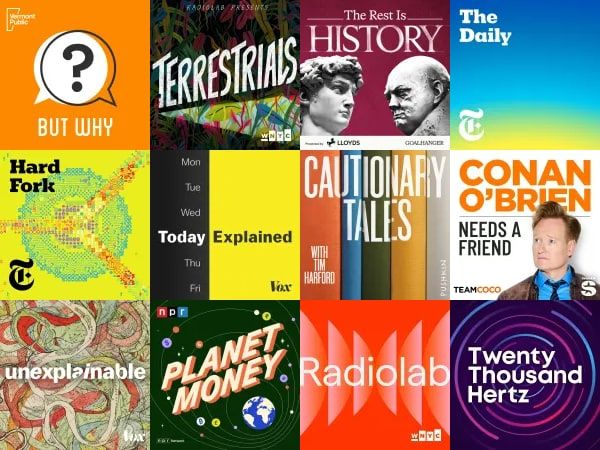 A dense grid of podcast cover art from the post